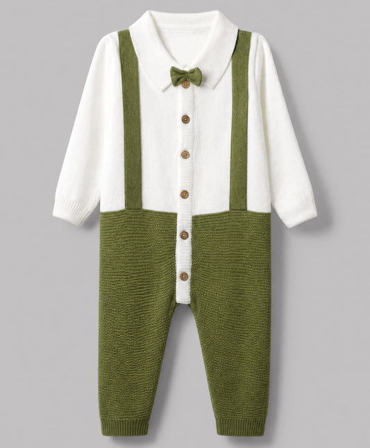 FirstCry Babyhug Knit Full Sleeves Winter Wear Romper With Bow Applique Olive Green