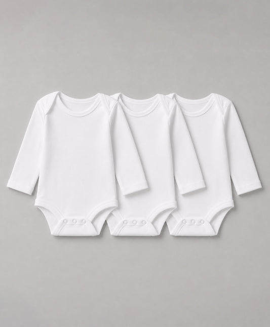 FirstCry Babyhug 100 Percent Cotton Interlock Knit Full Sleeves Solid Colour Onesies Pack of 3 White