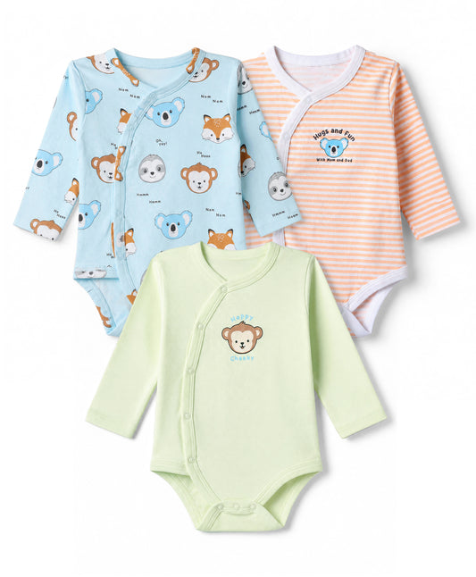 FirstCry Babyhug 100 Percent Cotton Interlock Knit Full Sleeves Onesie With Animal Print Pack of 3 Pink and Blue