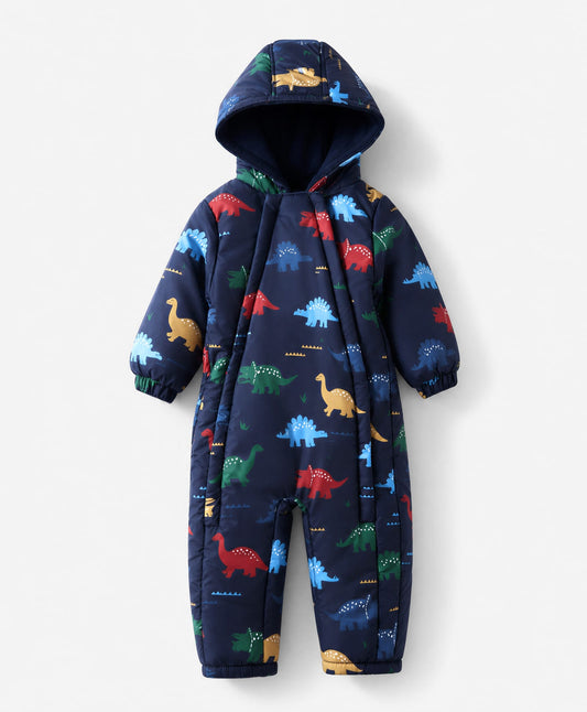 FirstCry Babyhug Woven Heavy Polyfill Full Raglan Sleeves Dino Printed Hooded Winter Wear Suit Navy Blue