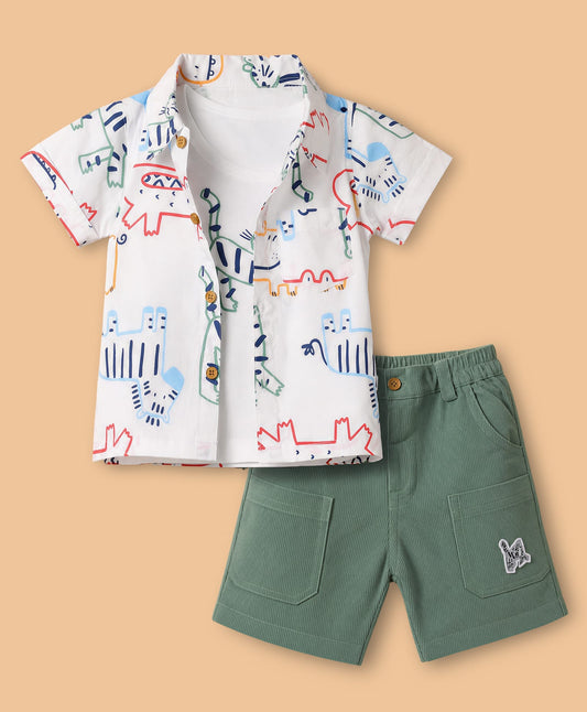 FirstCry Wow Cotton Knit Half Sleeves Animal Printed Shirt and Shorts Set With Inner Tee White and Light Green