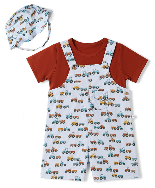 FirstCry WOW Clothes Cotton Woven Knit Half Sleeves Dungaree and Sets With Car Print and Cap Light Blue and Red