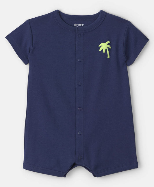 FirstCry Carters Cotton Knit Half Sleeves Romper with Palm Tree Print Navy Blue