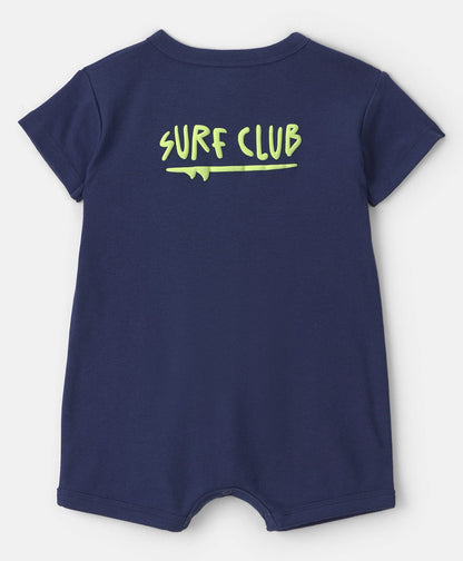 FirstCry Carters Cotton Knit Half Sleeves Romper with Palm Tree Print Navy Blue