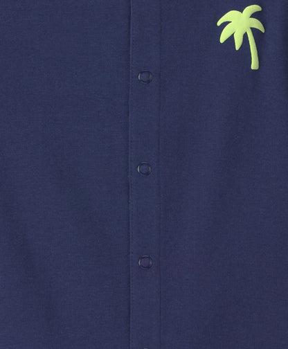 FirstCry Carters Cotton Knit Half Sleeves Romper with Palm Tree Print Navy Blue