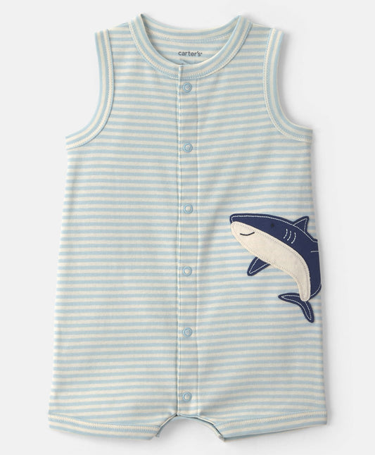 FirstCry Carters Cotton Knit Sleeveless Striped Romper with Shark Patch Blue