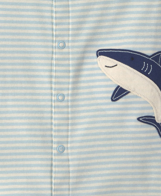 FirstCry Carters Cotton Knit Sleeveless Striped Romper with Shark Patch Blue