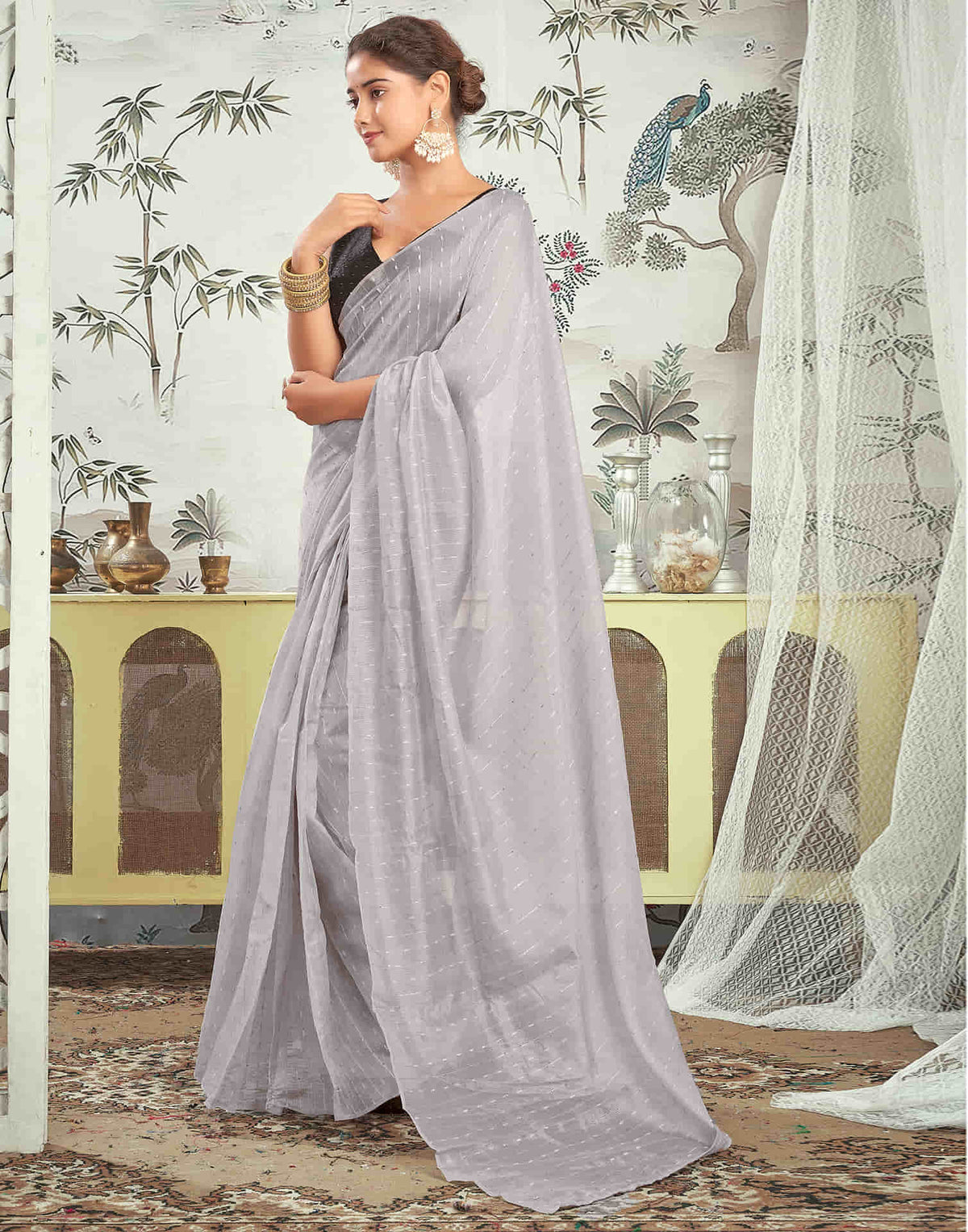 Sudathi Ready To Wear Grey Woven Silk Saree