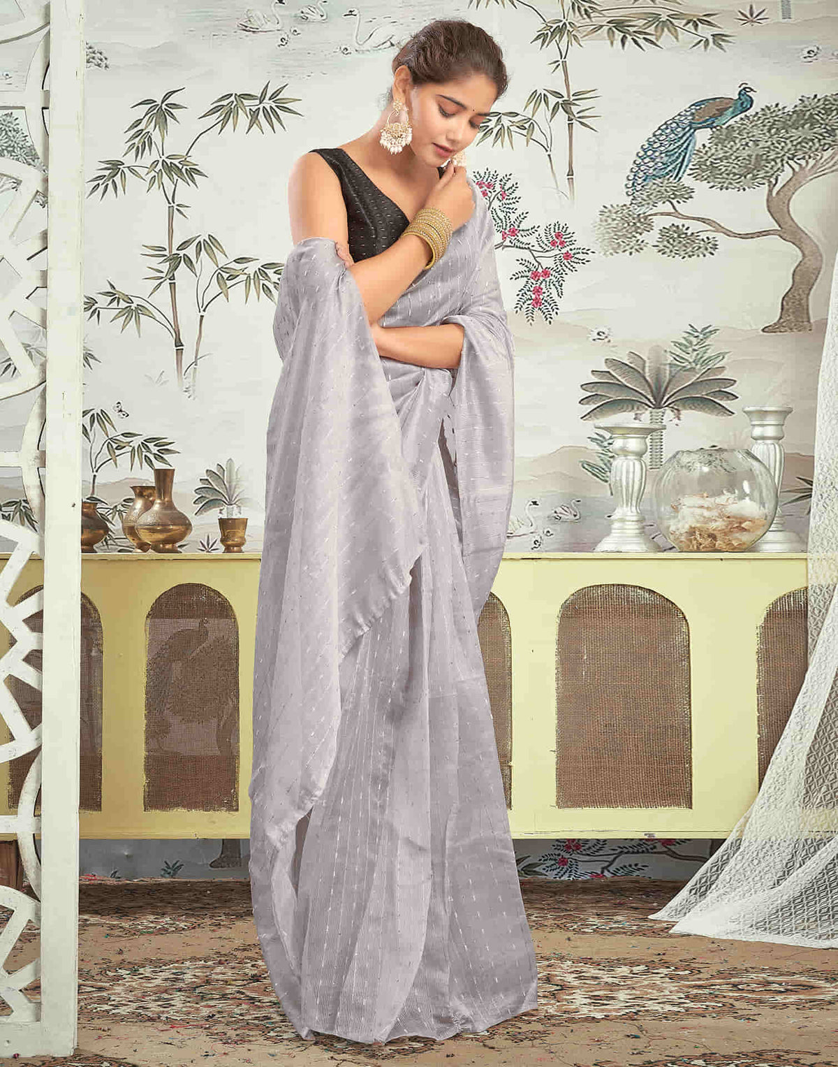 Sudathi Ready To Wear Grey Woven Silk Saree - PUSHMYCART