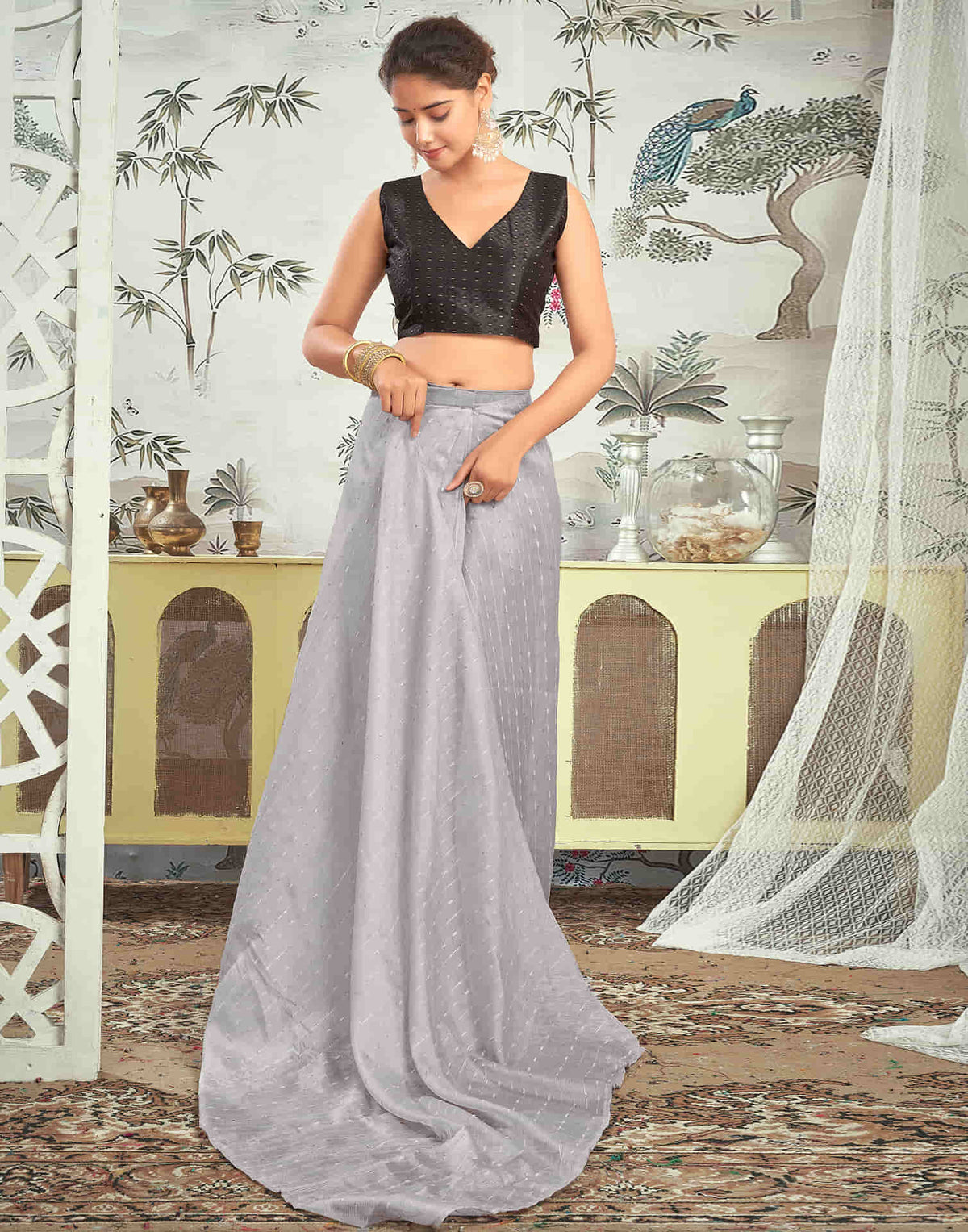 Sudathi Ready To Wear Grey Woven Silk Saree - PUSHMYCART