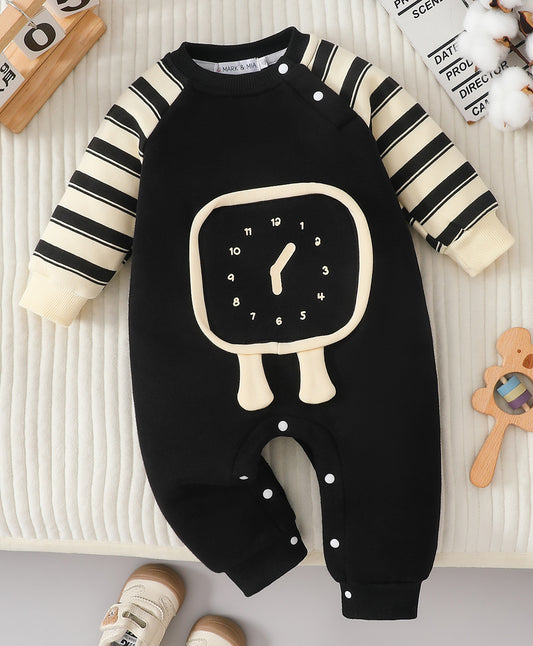 FirstCry Mark and Mia Cotton Mix Full Sleeves Winter Wear Romper With Watch Applique Black