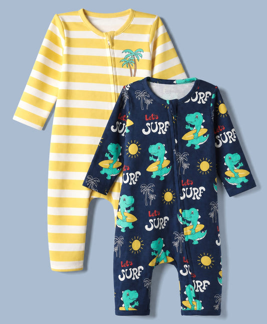 FirstCry Babyhug 100 Percent Cotton Interlock Knit Full Sleeves Striped Rompers With Tree and Dinosaur Print Pack of 2 Yellow
