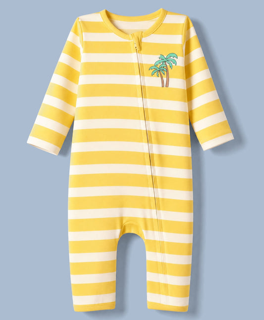 FirstCry Babyhug 100 Percent Cotton Interlock Knit Full Sleeves Striped Rompers With Tree and Dinosaur Print Pack of 2 Yellow