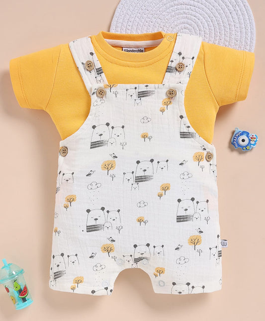 FirstCry Wonderchild Interlock Knit Dungaree With Half Sleeve T Shirt With Bear Print Golden