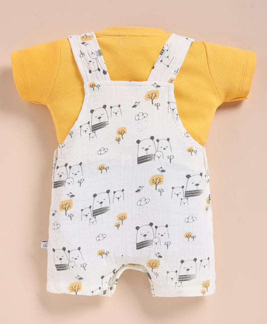 FirstCry Wonderchild Interlock Knit Dungaree With Half Sleeve T Shirt With Bear Print Golden