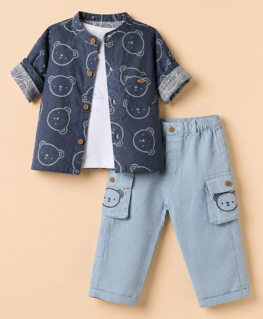 FirstCry WOW 100 Percent Cotton Knit Full Sleeves Shirt and Tank Top and Pant with Bear Print Navy Blue