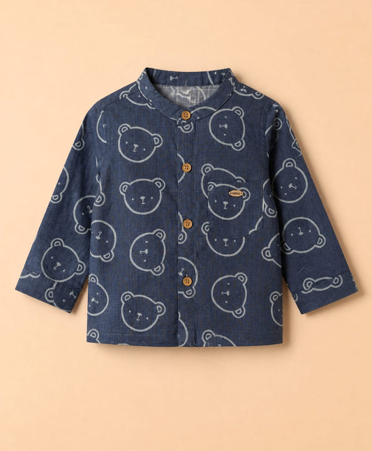 FirstCry WOW 100 Percent Cotton Knit Full Sleeves Shirt and Tank Top and Pant with Bear Print Navy Blue
