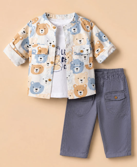 FirstCry WOW Clothes 100 Percent Cotton Knit Full Sleeves Shirt T-Shirt and Pant with Bear Print Blue