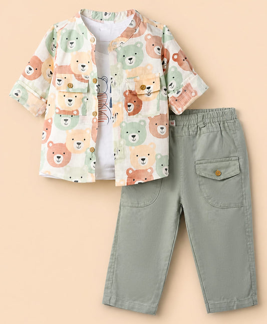 FirstCry WOW Clothes 100 Percent Cotton Knit Woven Full Sleeves Shirt and Pant Set With Inner Tee Bear Print Green