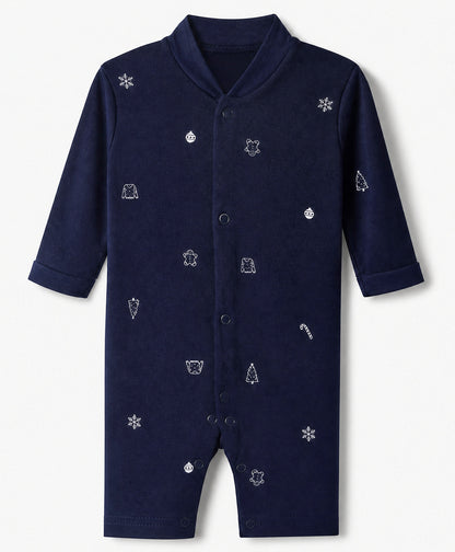 FirstCry Junior Star Full Sleeves Tree and Candy Printed Romper Navy Blue
