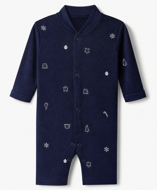 FirstCry Junior Star Full Sleeves Tree and Candy Printed Romper Navy Blue