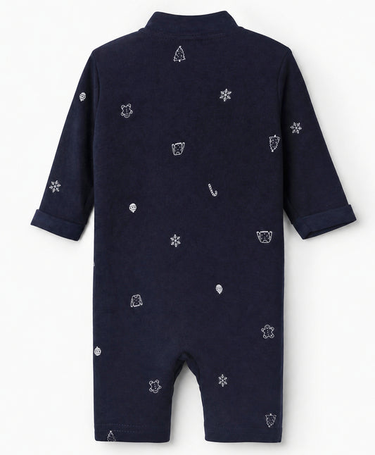 FirstCry Junior Star Full Sleeves Tree and Candy Printed Romper Navy Blue