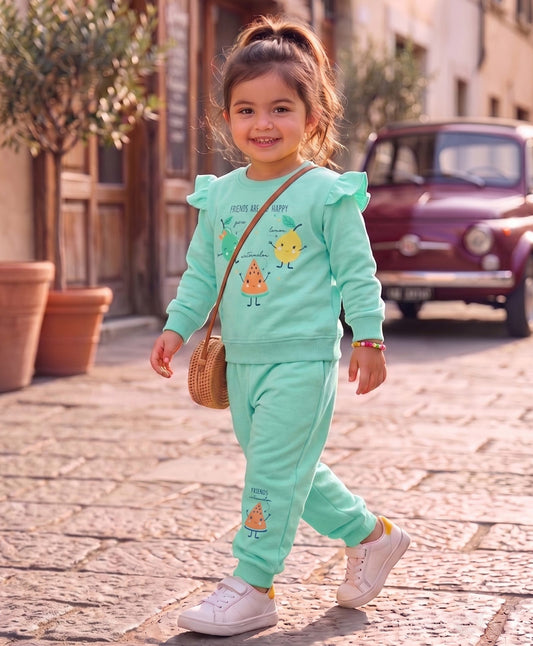 FirstCry Mars Infiniti Cotton Woven Full Sleeves Fruits Printed Sweatshirt and Sweatpants Set Light Green