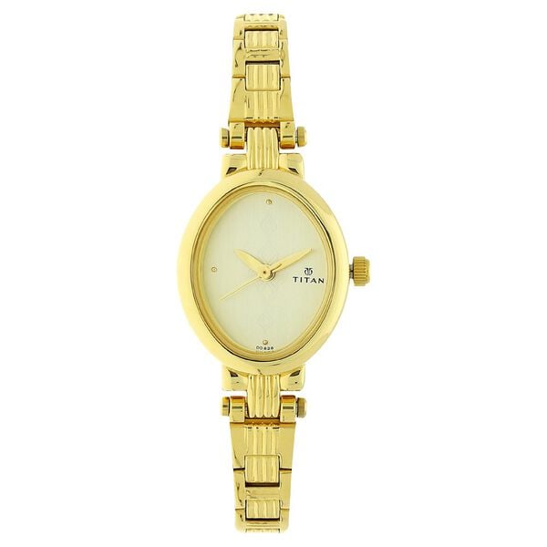 Titan Quartz Analog Champagne Dial Watch For WomenWith Golden Stainless Steel Strap