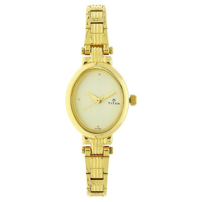 Titan Quartz Analog Champagne Dial Watch For WomenWith Golden Stainless Steel Strap