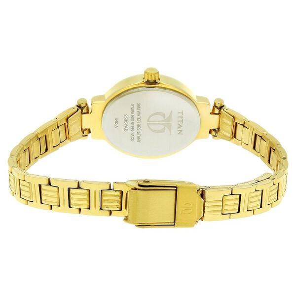 Titan Quartz Analog Champagne Dial Watch For WomenWith Golden Stainless Steel Strap