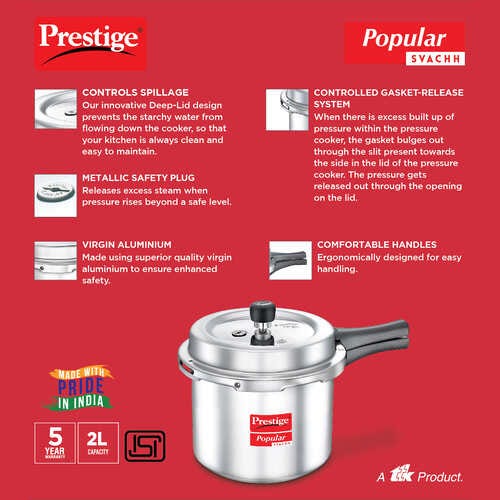 Prestige Popular Svachh Virgin Aluminium Gas And Induction Compatible Pressure Cooker Silver 2 L