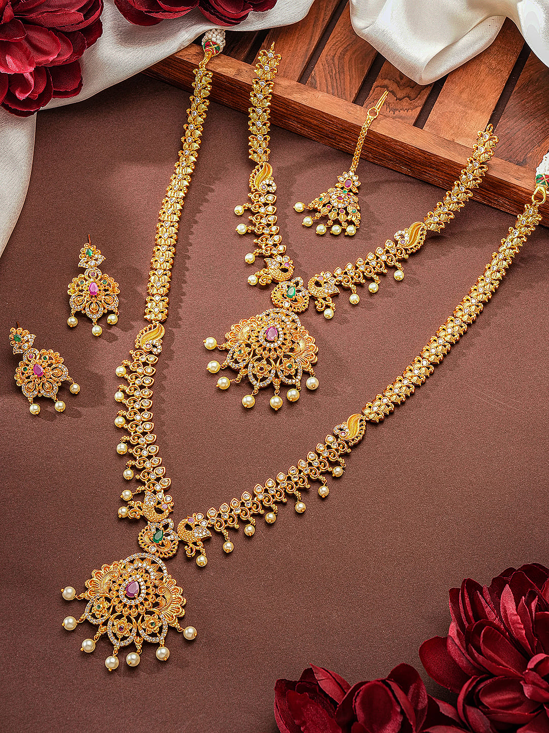Gold plated bridal jewellery set with peacock design