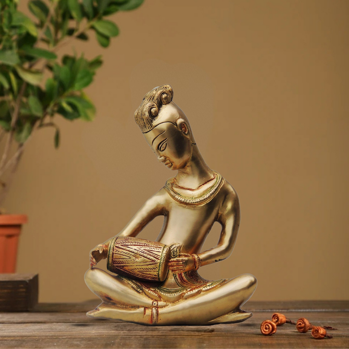 Brass Dholak Rajisthani Statue 2.7Kg - PUSHMYCART