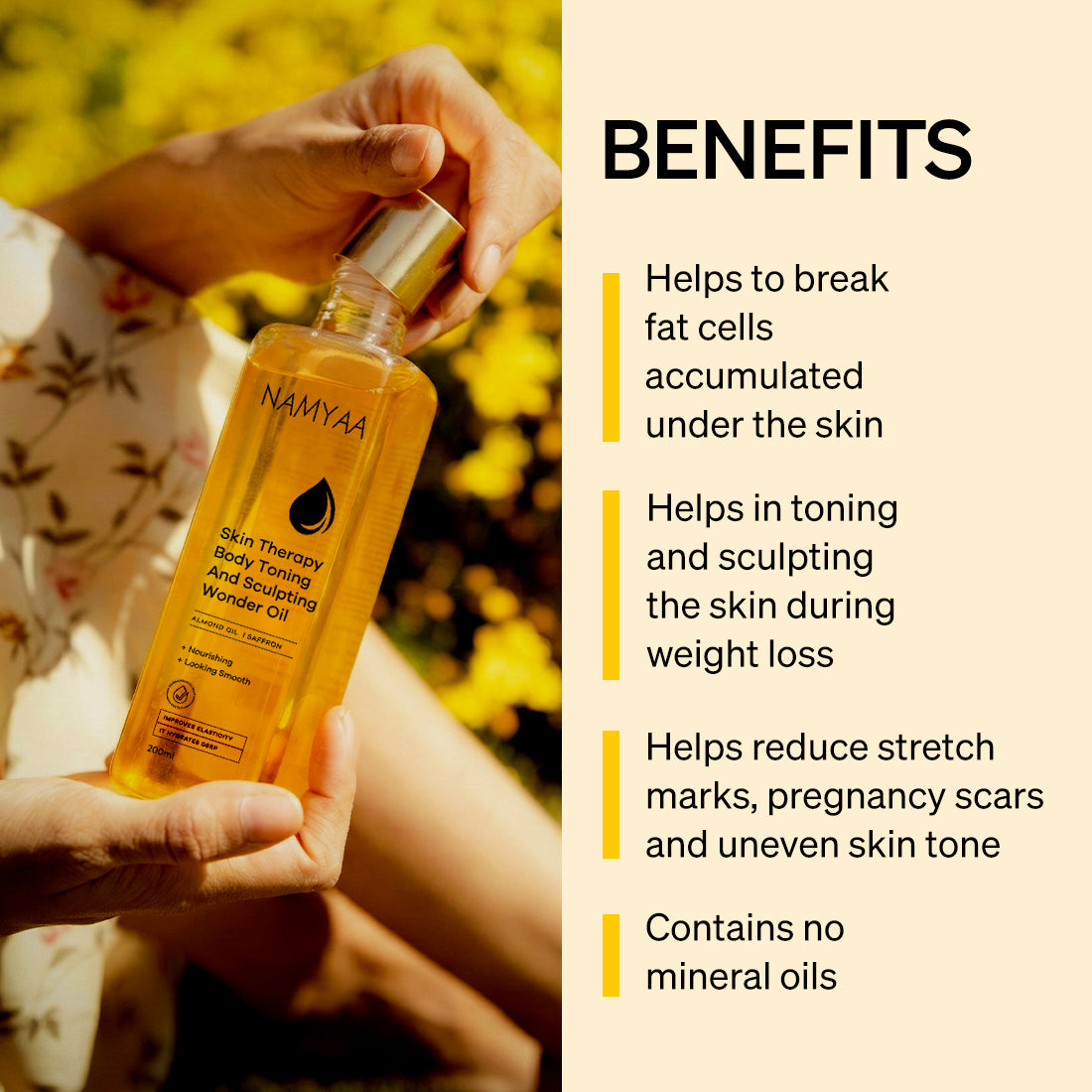Full view of the Namyaa Skincare Body Toning and Sculpting Oil, ready for daily use to achieve smoother, radiant skin.