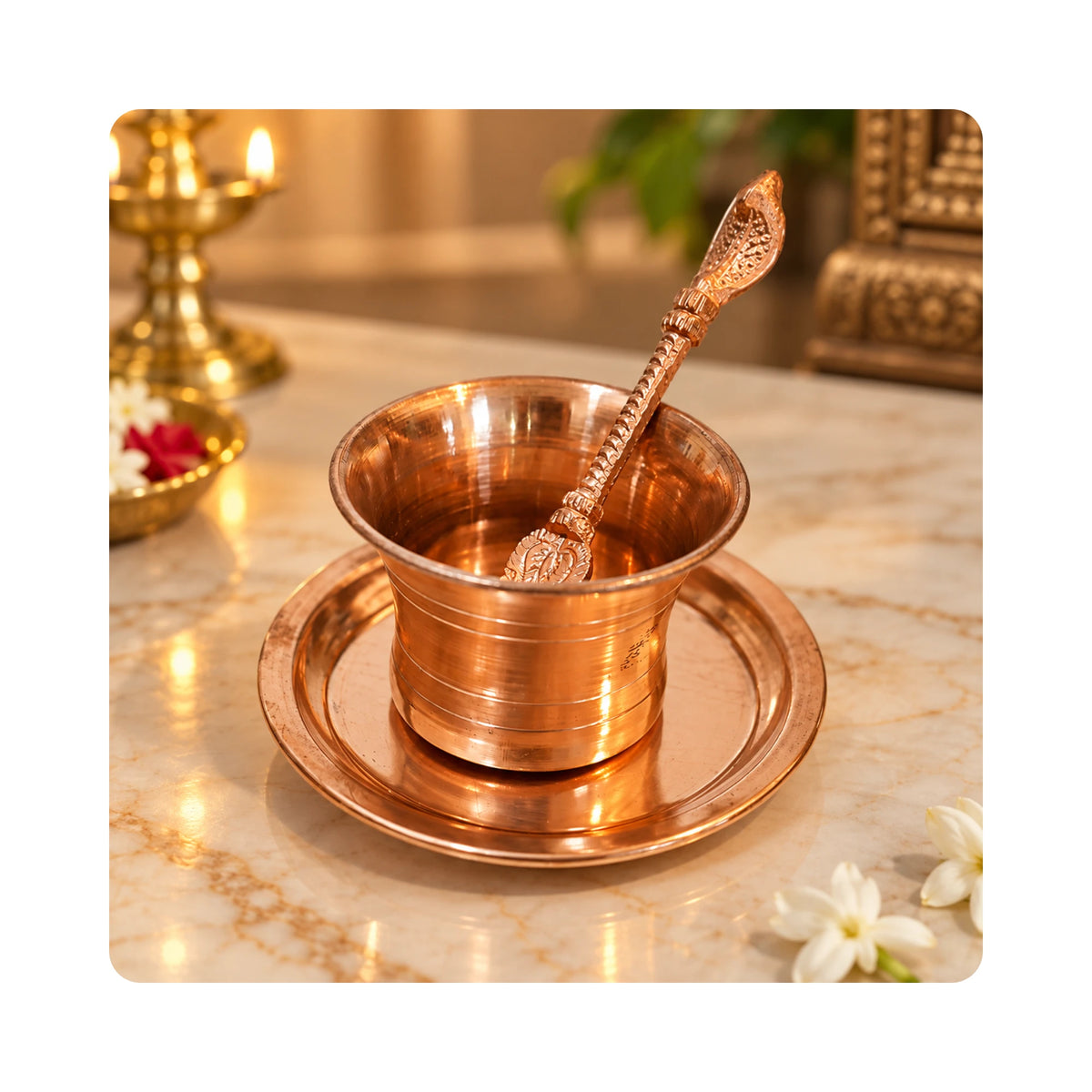Pure Copper Patra with Plate and Cobra Spoon Set