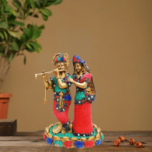 Brass Radha Krishna Base Stone Work Idol 4.364Kg - PUSHMYCART