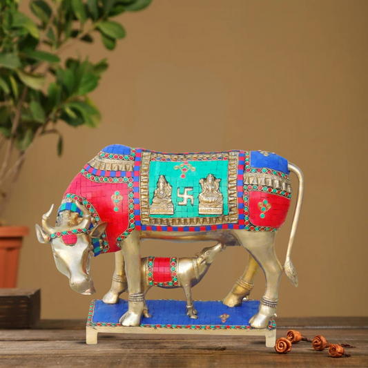 Brass Cow With Calf Stone Statue 13.44Kg - PUSHMYCART