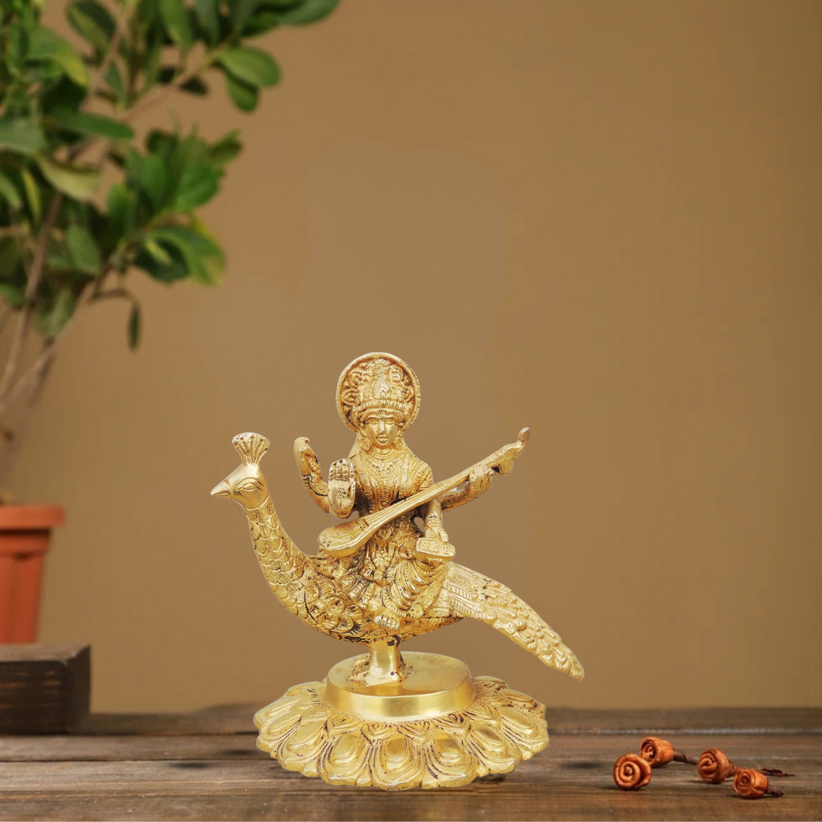 Brass Saraswati On Peacock 1.44Kg - PUSHMYCART