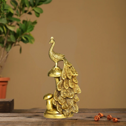 Brass Peacock On Mushroom Small Idol 1.5Kg - PUSHMYCART