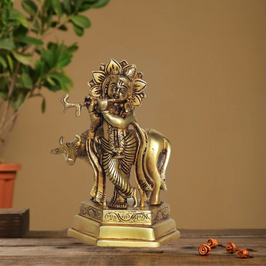 Brass Cow Krishna God Idol Statue 1.57Kg - PUSHMYCART