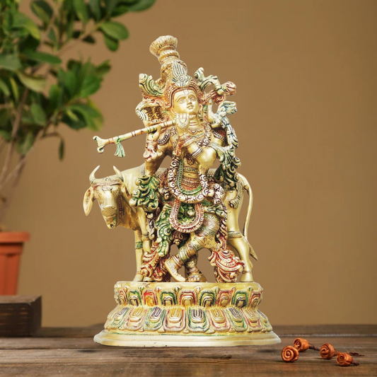 Brass Krishna With Cow Big Idol 8.26Kg - PUSHMYCART
