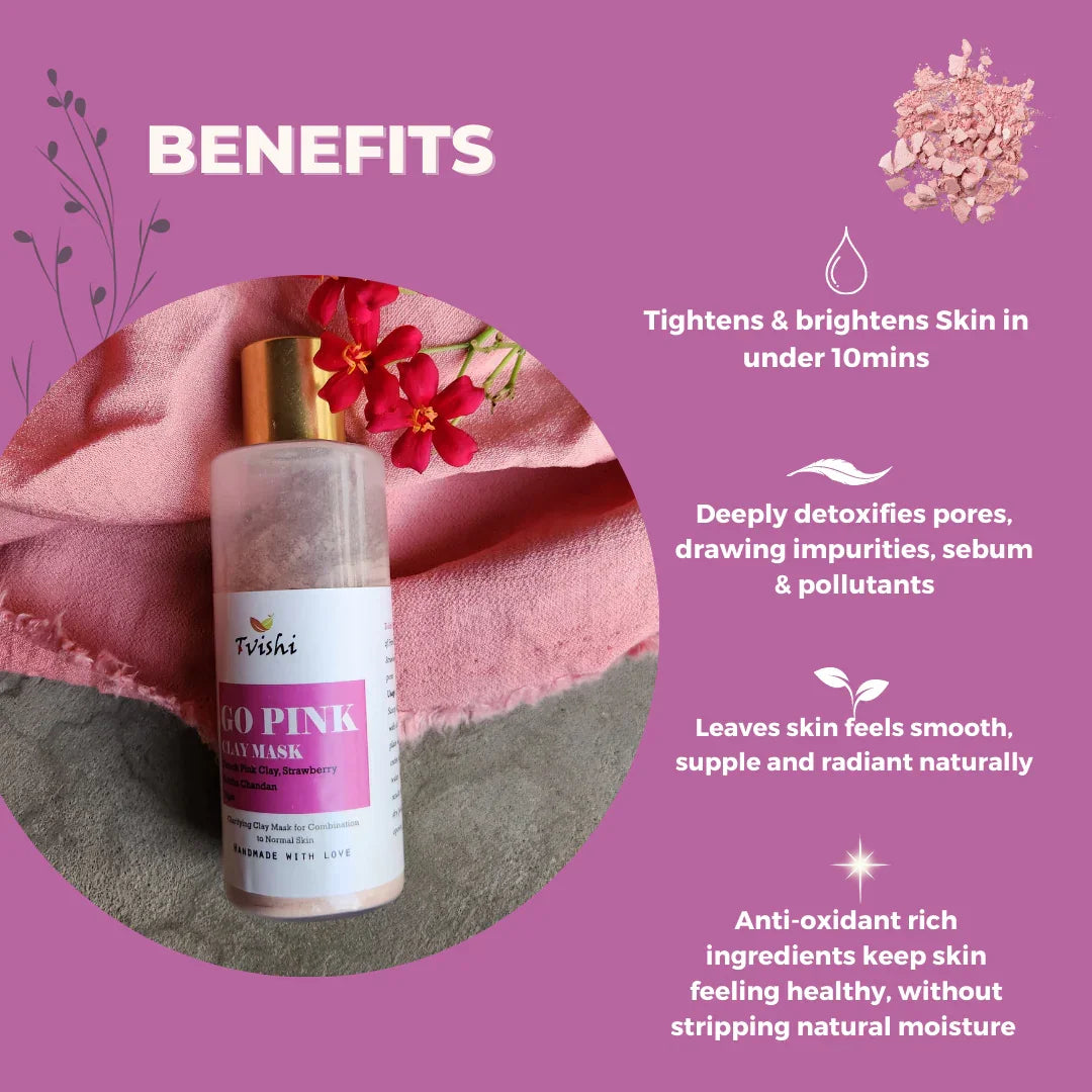 Tvishi Skincare Go Pink Clay Mask jar with a subtle pink texture, highlighting its natural ingredients. - Image 3