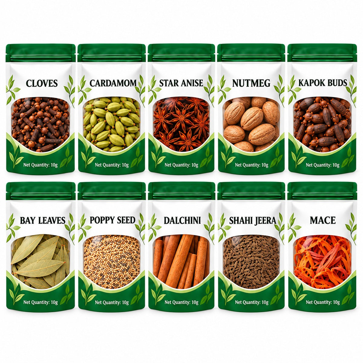 10 whole spices in individual 10 g pouches