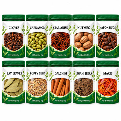 10 whole spices in individual 10 g pouches