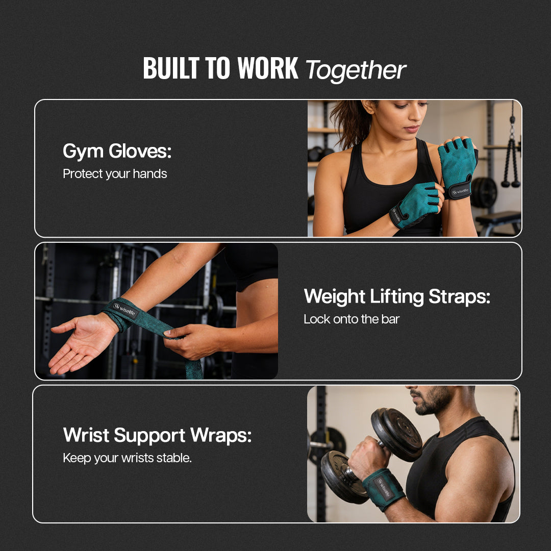 Gym Essentials Kit 500kg (Grip Gym Gloves Straps and Wraps)