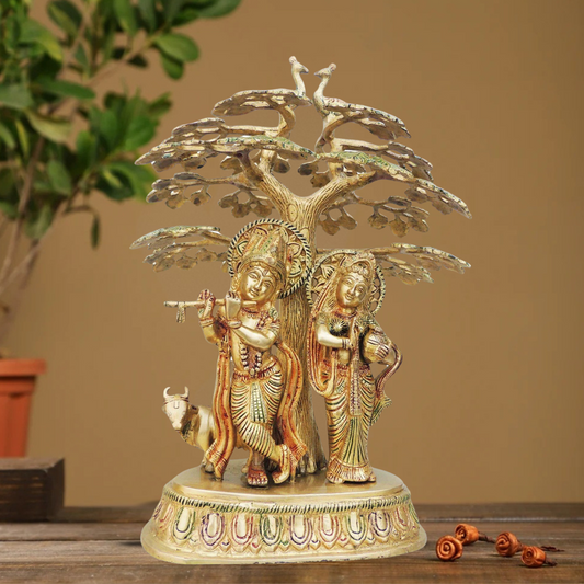 Brass Tree Radha Krishna With Cow Statue 7.015Kg - PUSHMYCART
