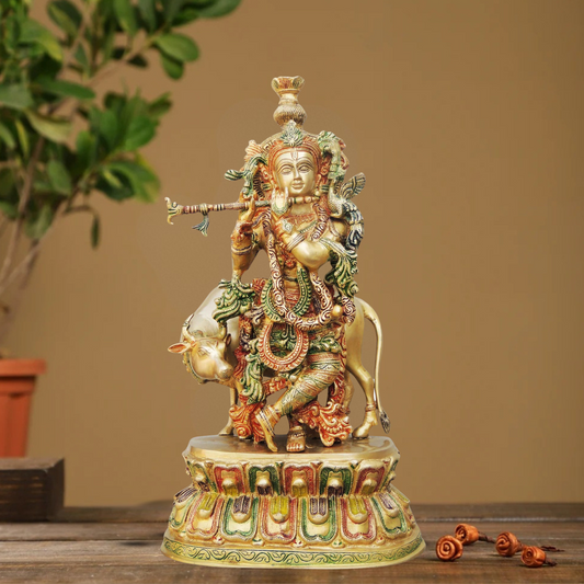 Brass Krishna With Cow Big Idol 15Kg - PUSHMYCART