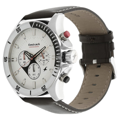 Fastrack Big Time Quartz Chronograph White Dial Leather Strap Watch for Guys
