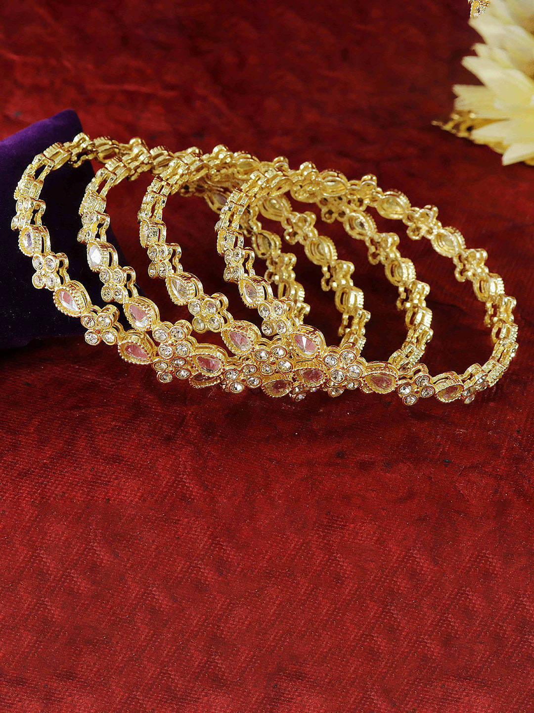 NMII Set of 4 Gold Plated Zircon Kundan Studded Bangles