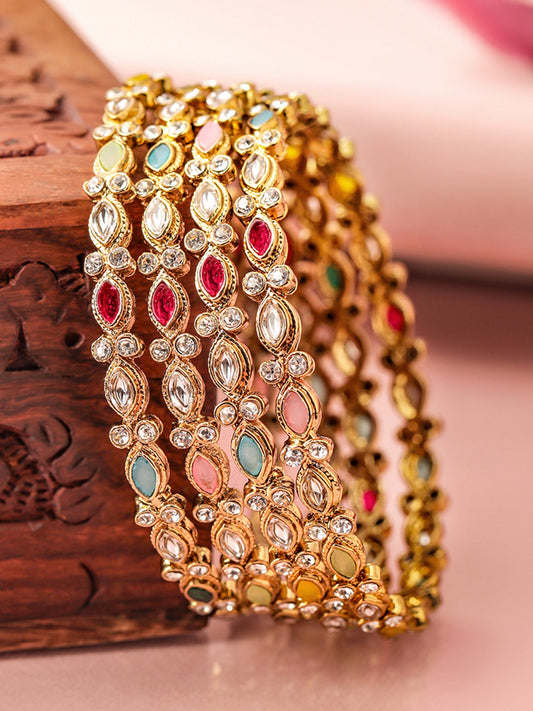 Rubans Set of 4 18K Mehandi Gold Plated Multicolor Kundan Gemstone Bangles